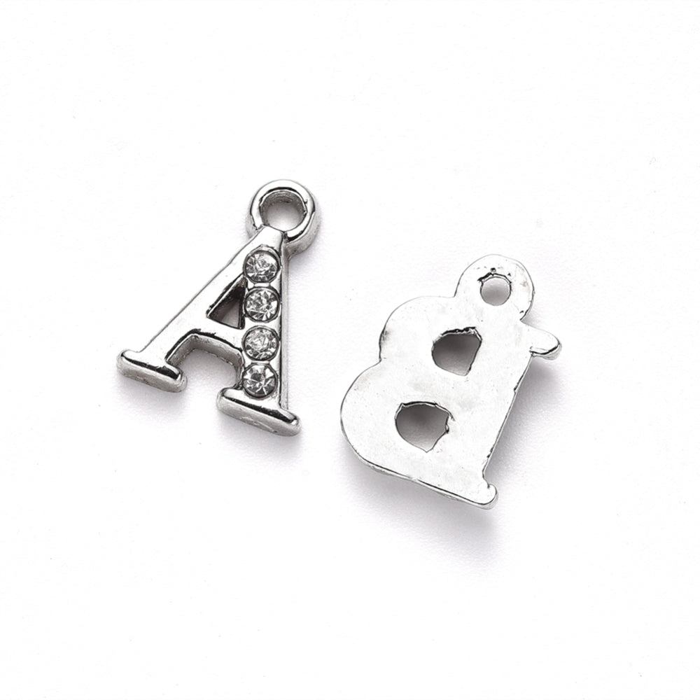 Platinum Alloy Rhinestone Alphabet Charms, Crystal, Platinum Silver Colored Letter A-Z Charms for DIY Jewelry Making. Alphabet Charms for Bracelet and Necklace Making.