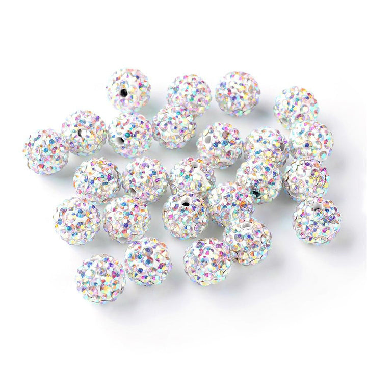 Pave Rhinestone Studded Spacer Beads, White Color Beads with Clear Rainbow Crystal Color Rhinestones. Spacers for DIY Jewelry Making. Lovely Focal Beads.  Size: 9.5-10mm Diameter, Hole: 1.5mm, Quantity: 10pcs/package.  Material: Premium Grade "A" Rhinestone Studded Polymer Clay Pave Crystal Ball Beads. 6 Rows of Rhinestones. White Base with Rainbow Crystal Rhinestones. Shinny Sparkling Crystal Disco Balls. 