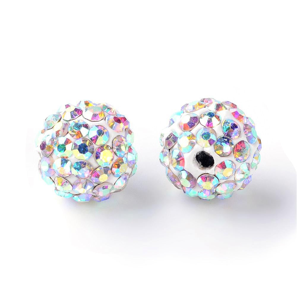 Pave Rhinestone Studded Spacer Beads, White Color Beads with Clear Rainbow Crystal Color Rhinestones. Spacers for DIY Jewelry Making. Lovely Focal Beads.  Size: 9.5-10mm Diameter, Hole: 1.5mm, Quantity: 10pcs/package.  Material: Premium Grade "A" Rhinestone Studded Polymer Clay Pave Crystal Ball Beads. 6 Rows of Rhinestones. White Base with Rainbow Crystal Rhinestones. Shinny Sparkling Crystal Disco Balls. 