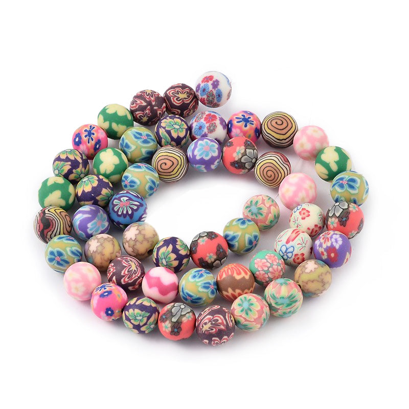 Polymer Clay Round Beads, Floral Pattern Mixed Color Beads for DIY Jewelry Making Craft Supplies.   Size: 8mm Diameter,  Hole: 1.5-2mm, approx. 48-50pcs/strand, 16 Inches Long.  Material: Handmade Polymer Clay Round Loose Beads. Mixed Color Beads. Smooth Finish.