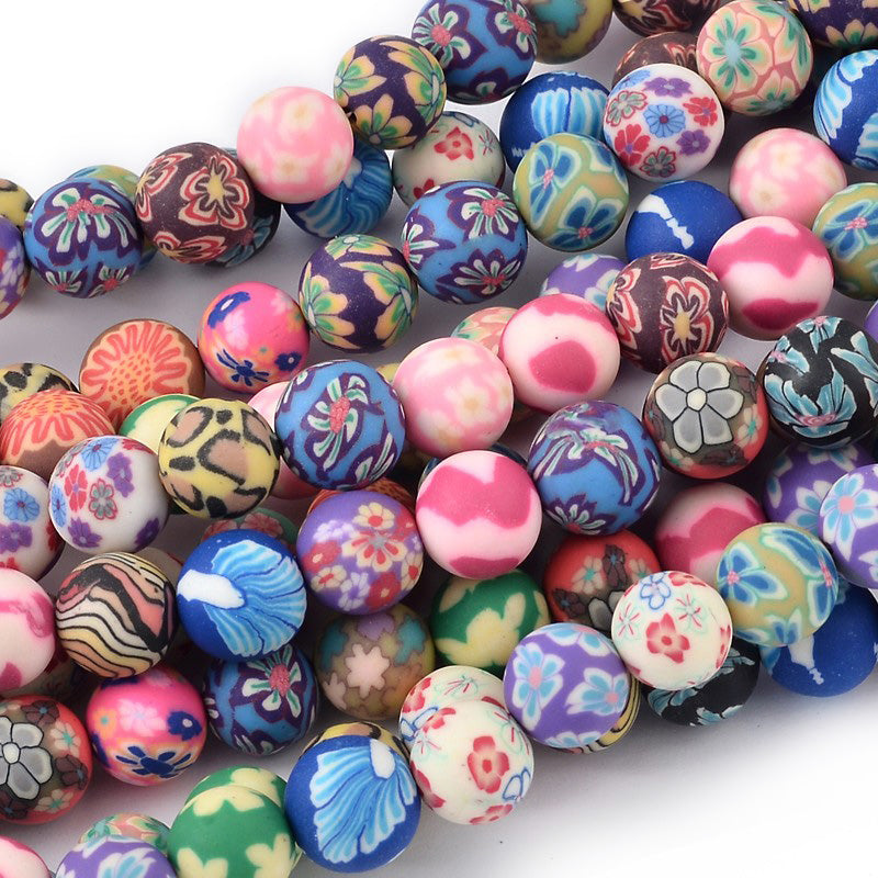 Polymer Clay Round Beads, Floral Pattern Mixed Color Beads for DIY Jewelry Making Craft Supplies.   Size: 8mm Diameter,  Hole: 1.5-2mm, approx. 48-50pcs/strand, 16 Inches Long.  Material: Handmade Polymer Clay Round Loose Beads. Mixed Color Beads. Smooth Finish.