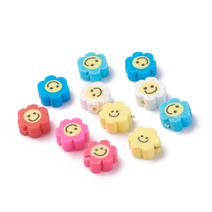 Handmade Polymer Clay Beads, Flower Shape with Happy Face, Mixed Color. Colorful Emoji Polymer Clay Spacer Beads for DIY Jewelry Making. Great for Stretch Bracelets. 6mm High Quality Polymer Clay, Multi-Color & Flower Shape with Happy Face. Lightweight Beads. Smooth Finish.