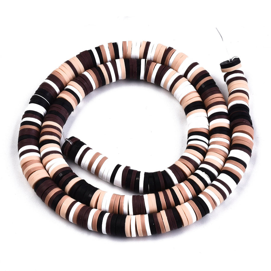 Handmade Polymer Clay Beads, Flat Disc Shape, Coconut Brown Multi-Color. Polymer Clay Heishi Spacer Beads for DIY Jewelry Making. Great Addition to any Bracelet Design. 6mm High Quality Polymer Clay, Heishi Loose Beads. Multi-Color Coconut Brown Disc Shaped Lightweight Beads. Smooth Finish.