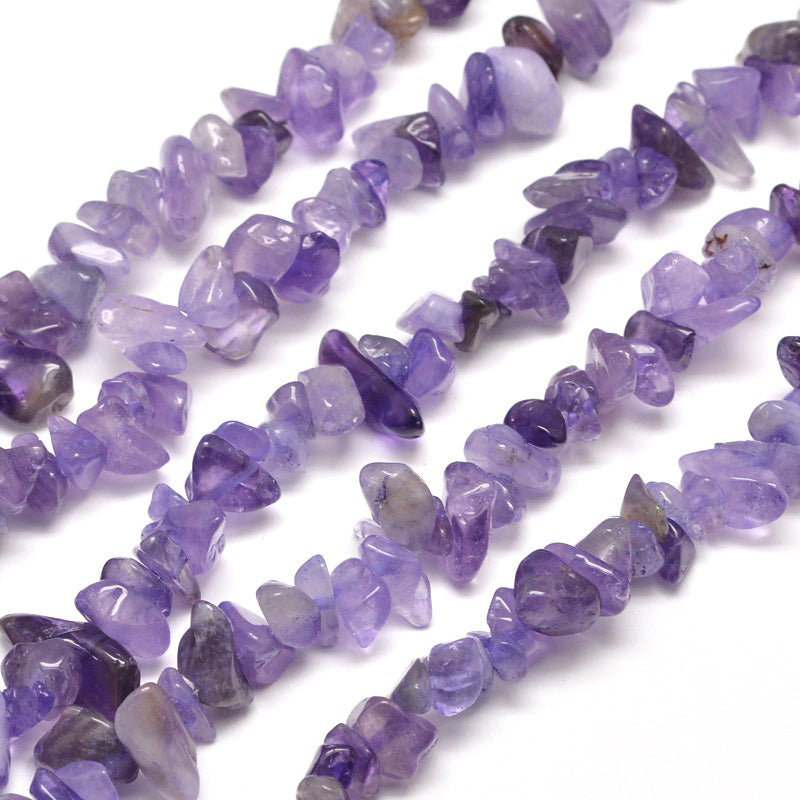 Lovely Amethyst Chip Beads. Premium Grade Amethyst Gemstone Chips. Semi-Precious Stone Chip Beads for DIY Jewelry Making.  Size: approx. 5~8mm Wide, Hole: 1mm; approx. 33" Inches Long  Material: Genuine Natural Amethyst Beads, Chip Size: 5-8mm chips, Hole: 1mm. High Quality Crystal Chip Beads. Polished, Shinny Finish. 