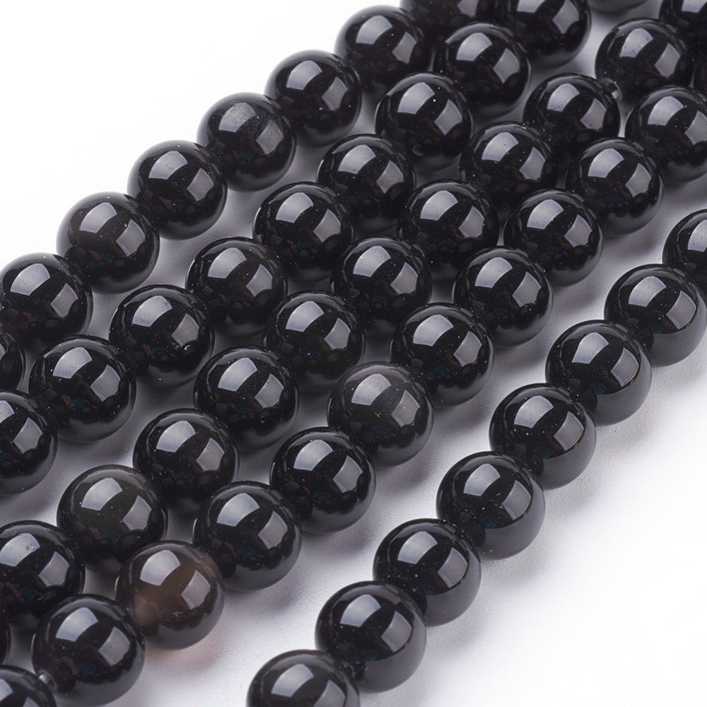 Obsidian Beads, Black Color with Silver Markings. Premium Grade Semi-precious Gemstone Beads for DIY Jewelry Making.   Size: 8mm Diameter, Hole: 1mm approx. 45pcs/strand, 15 Inches Long.  Material: Genuine Grade "AA" Obsidian Stone Beads, Black Color. Shinny, Polished Finish. 