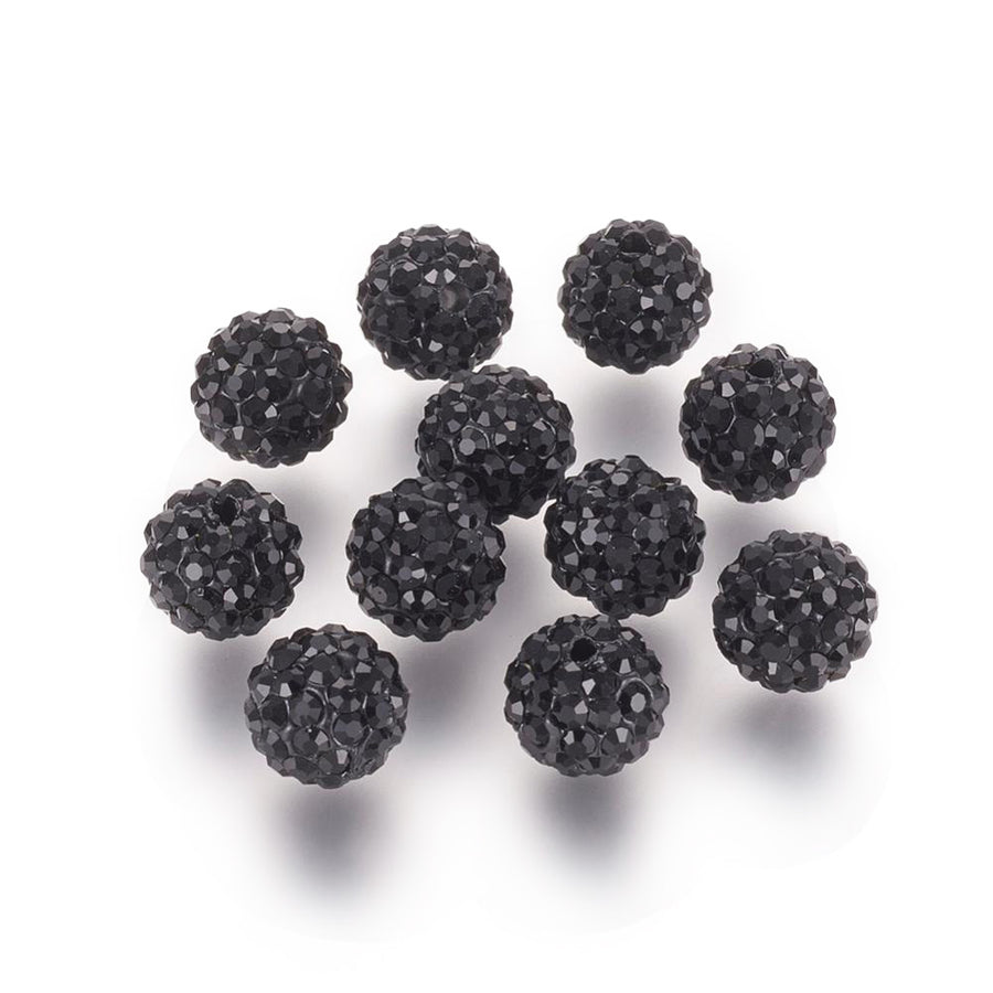 Pave Rhinestone Studded Spacer Beads, Jet Black Color Beads with Black Color Rhinestones. Spacers for DIY Jewelry Making. Lovely Focal Beads.  Size: 7.5-8mm Diameter, Hole: 1mm, Quantity: 10pcs/package.  Material: Grade "A" Rhinestone Studded Polymer Clay Pave Crystal Ball Beads. 6 Rows of Rhinestones. Black Base with Jet Black Colored Rhinestones. Shinny Sparkling Crystal Disco Balls. 