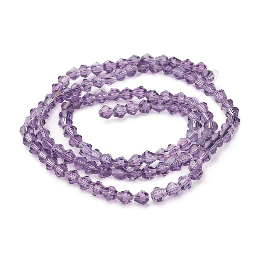 Glass Beads, Faceted, Purple Color, Bicone, Crystal Beads for Jewelry Making.  Size: 4mm Length, 4mm Width, Hole: 1mm; approx. 65pcs/strand, 13.75" inches long.  Material: The Beads are Made from Glass. Austrian Crystal Imitation Glass Crystal Beads, Bicone, Purple Colored Beads. Polished, Shinny Finish. 