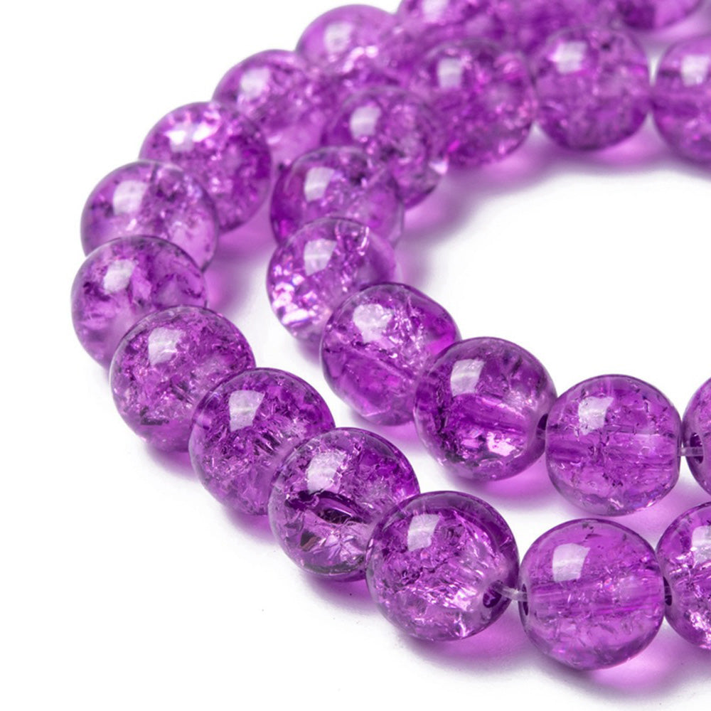 Popular Crackle Glass Beads, Round, Purple Color. Glass Bead Strands for DIY Jewelry Making. Affordable, Colorful Crackle Beads. Great for Stretch Bracelets.  Size: 8mm Diameter Hole: 1.5mm; approx. 100pcs/strand, 31" Inches Long.  Material: The Beads are Made from Glass. Crackle Glass Beads, Bright Purple Colored Beads. Polished, Shinny Finish.