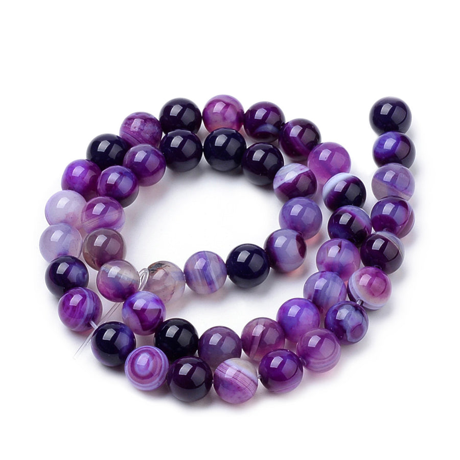 Violet Striped Agate Beads, Round, Dyed, Purple Banded Agate. Semi-Precious Gemstone Beads for Jewelry Making. Great for Stretch Bracelets and Necklaces.  Size: 8mm Diameter, Hole: 1mm; approx. 47pcs/strand, 14.5" Inches Long.  Material: Striped Banded Agate Loose Beads Dyed Purple Color. Polished, Shinny Finish.