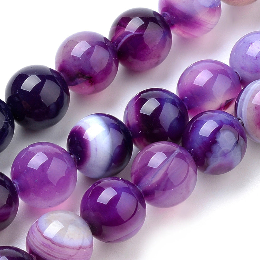 Violet Striped Agate Beads, Round, Dyed, Purple Banded Agate. Semi-Precious Gemstone Beads for Jewelry Making. Great for Stretch Bracelets and Necklaces.  Size: 10mm Diameter, Hole: 1mm; approx. 36pcs/strand, 14.5" Inches Long.  Material: Striped Banded Agate Loose Beads Dyed Purple Color. Polished, Shinny Finish.