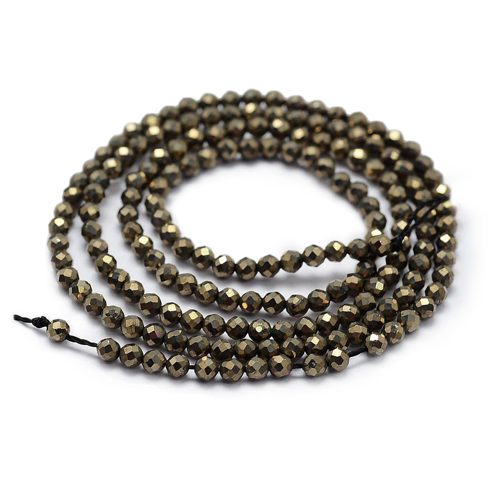 Faceted Pyrite Beads, Round. Semi-Precious Gemstone Beads for DIY Jewelry Making.  Size: 2mm Diameter, Hole: 0.5mm; approx. 165pcs/strand, 14" Inches Long.  Material: Natural Pyrite Beads, Natural Stone Beads. Polished, Shinny Finish.