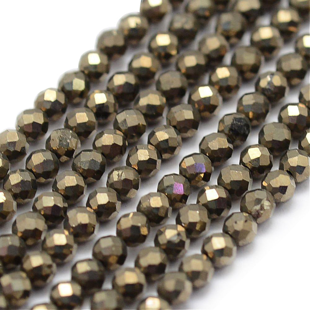 Faceted Pyrite Beads, Round. Semi-Precious Gemstone Beads for DIY Jewelry Making.  Size: 2mm Diameter, Hole: 0.5mm; approx. 165pcs/strand, 14" Inches Long.  Material: Natural Pyrite Beads, Natural Stone Beads. Polished, Shinny Finish.