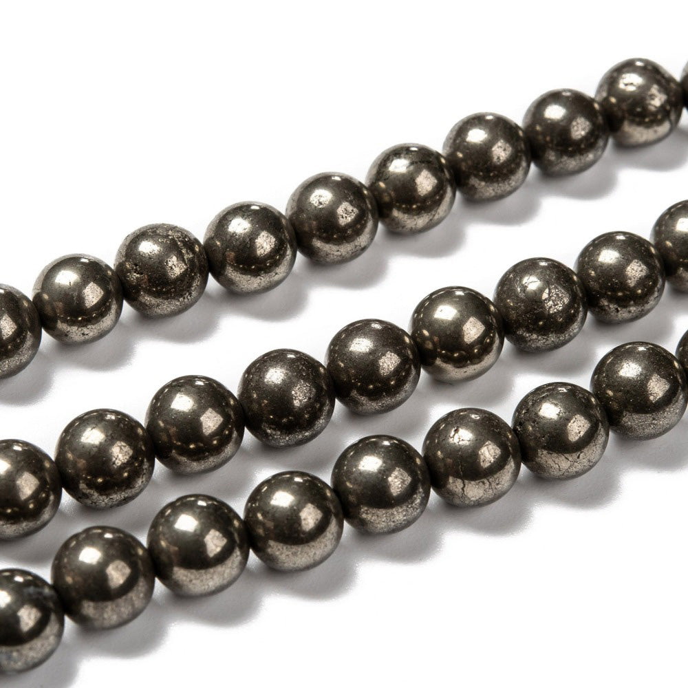 Natural Pyrite Beads, Round, Gunmetal Color. Semi-Precious Gemstone Beads for Jewelry Making.   Size: 8mm Diameter, Hole: 1mm; approx. 48pcs/strand, 15" Inches Long.  Material: Natural Pyrite Semi Precious Stone Beads. Polished, Shinny Finish.