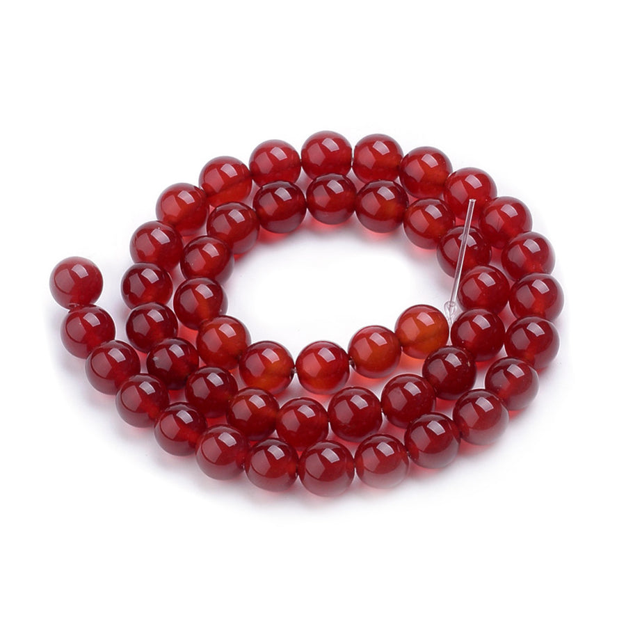 Natural Carnelian Stone Beads, Round, Red Color. Semi-Precious Gemstone Beads for DIY Jewelry Making. Great for Mala Bracelets.   Size: 8mm Diameter, Hole: 1mm; approx. 48pcs/strand, 15" Inches Long.  Material: Premium Quality Carnelian Stone Beads. Dyed, Carnelian Crystal Beads. Dark Red Color. Shinny, Polished Finish.  bead lot. beadlotcanada. www.beadlot.com