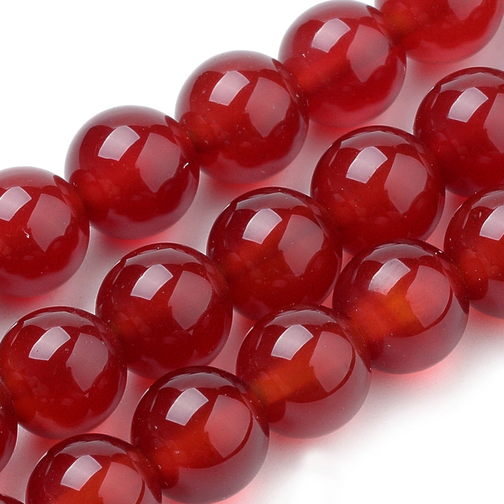 Natural Carnelian Stone Beads, Round, Red Color. Semi-Precious Gemstone Beads for DIY Jewelry Making. Great for Mala Bracelets. Size: 8mm Diameter, Hole: 1mm; approx. 48pcs/strand, 15" Inches Long. Material: Premium Quality Carnelian Stone Beads. Dyed, Carnelian Crystal Beads. Dark Red Color. Shinny, Polished Finish. bead lot. beadlotcanada. www.beadlot.com