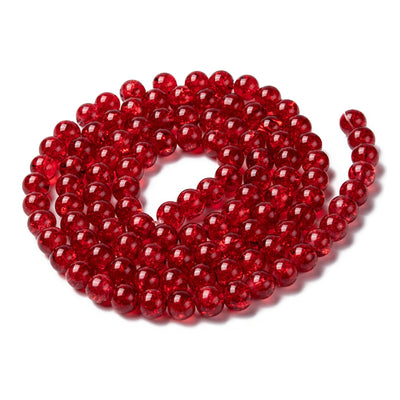 Popular Crackle Glass Beads, Round, Red Color. Glass Bead Strands for DIY Jewelry Making. Affordable, Colorful Crackle Beads. Great for Stretch Bracelets.  Size: 8mm Diameter Hole: 1.5mm; approx. 100pcs/strand, 31" Inches Long.  Material: The Beads are Made from Glass. Crackle Glass Beads, Dark Red Colored Beads. Polished, Shinny Finish.