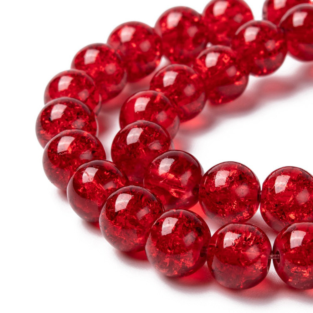 Popular Crackle Glass Beads, Round, Red Color. Glass Bead Strands for DIY Jewelry Making. Affordable, Colorful Crackle Beads. Great for Stretch Bracelets.  Size: 8mm Diameter Hole: 1.5mm; approx. 100pcs/strand, 31" Inches Long.  Material: The Beads are Made from Glass. Crackle Glass Beads, Dark Red Colored Beads. Polished, Shinny Finish.