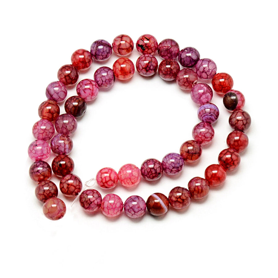 Dragon Veins Agate Beads, Dyed, Crimson Red, Round, Polished Beads. Semi-Precious Gemstone Beads for Jewelry Making.  Size: 8mm Diameter, Hole: 1mm; approx. 46pcs/strand, 14.5" Inches Long.  Material: Dragon Veins Agate Beads, Crimson Red Color, Shinny Polished Finish.