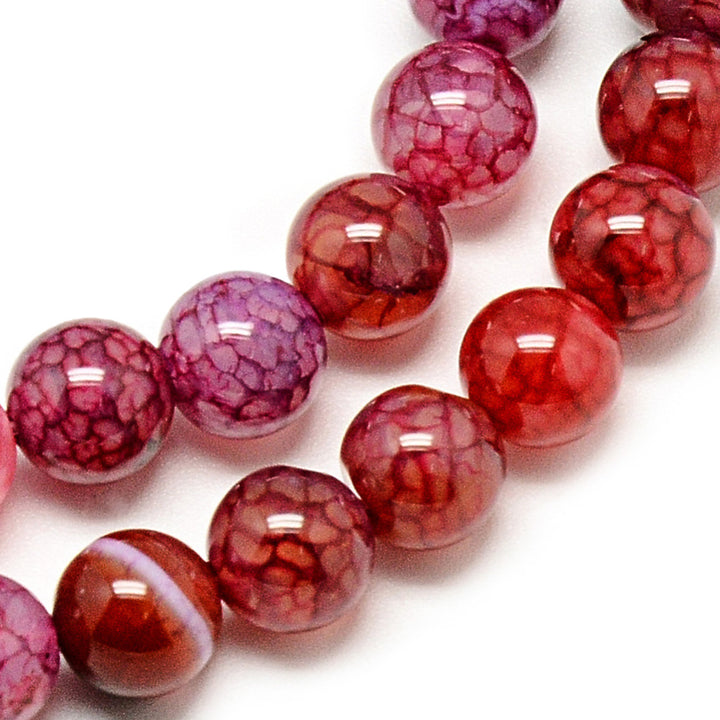 Dragon Veins Agate Beads, Dyed, Crimson Red, Round, Polished Beads. Semi-Precious Gemstone Beads for Jewelry Making.  Size: 8mm Diameter, Hole: 1mm; approx. 46pcs/strand, 14.5" Inches Long.  Material: Dragon Veins Agate Beads, Crimson Red Color, Shinny Polished Finish.