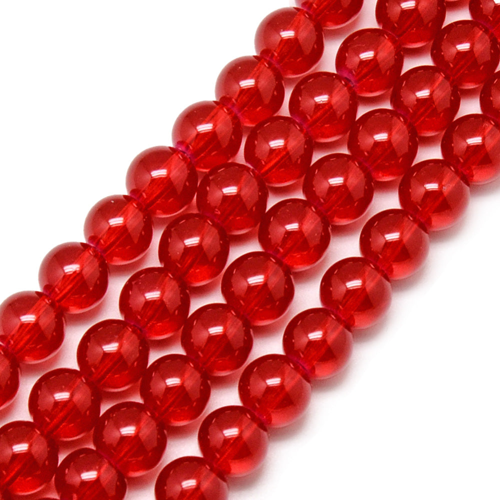 Glass Beads, Baked Painted Glass, Round, Red Color. Glass Beads for DIY Jewelry Making.   Size: 8mm Diameter Hole: 1.3-1.6mm; approx. 100pcs/strand, 31" Inches Long  Material: The Beads are Made from Glass. Opalite Imitation Beads, Red Color. Polished, Shinny Finish.