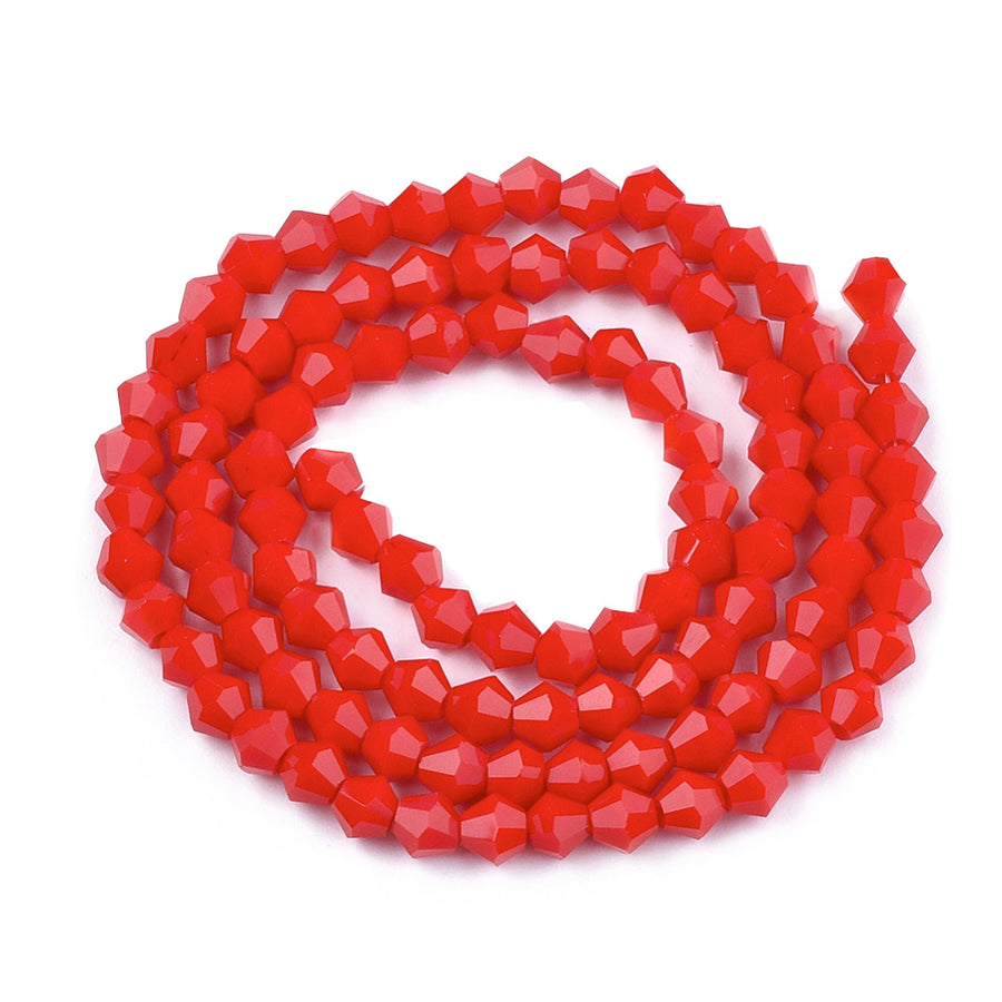 Opaque Glass Beads, Faceted, Red Color, Bicone, Crystal Beads for Jewelry Making.  Size: 4mm Length, 4mm Width, Hole: 1mm; approx. 92pcs/strand, 13.75" inches long.  Material: The Beads are Made from Glass. Austrian Crystal Imitation Glass Crystal Beads, Bicone, Bright Red Colored Beads. Polished, Shinny Finish. 