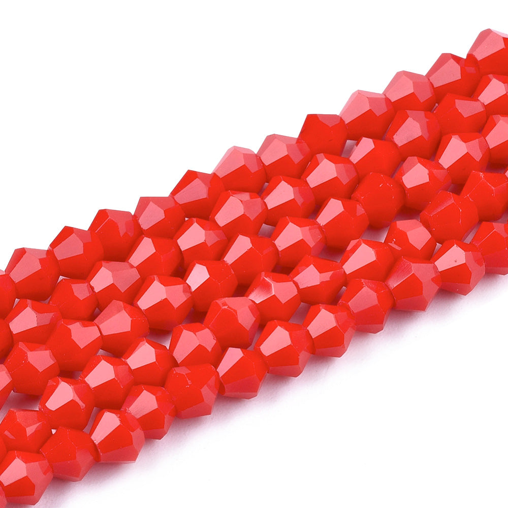 Opaque Glass Beads, Faceted, Red Color, Bicone, Crystal Beads for Jewelry Making.  Size: 4mm Length, 4mm Width, Hole: 1mm; approx. 92pcs/strand, 13.75" inches long.  Material: The Beads are Made from Glass. Austrian Crystal Imitation Glass Crystal Beads, Bicone, Bright Red Colored Beads. Polished, Shinny Finish. 