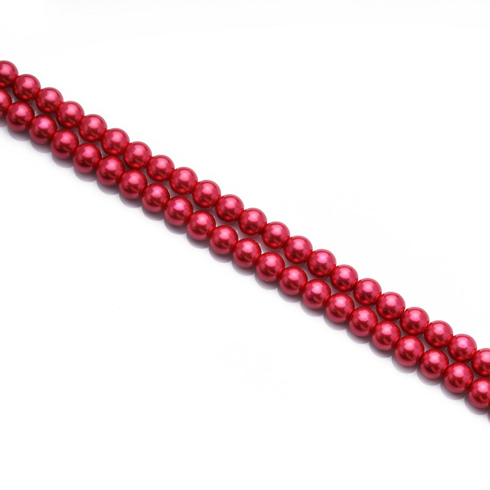 Glass Pearl Beads, Round, Red Colored Pearl Beads for DIY Jewelry Making.  Size: 10mm, Hole: 1~1.5mm, approx. 85pcs/strand, 32 inches/strand  Material: The Beads are Made from Glass. Red Colored Beads. Polished, Shinny Finish.