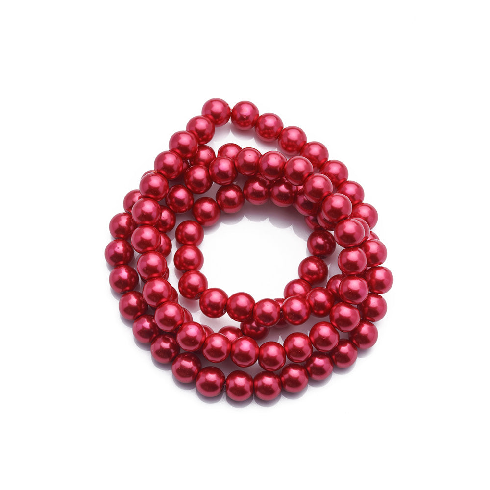 Glass Pearl Beads Strands, Round, Red Color Pearls. Metallic Red Beads for DIY Jewelry.  Size: 8mm in diameter, hole: 1-1.3mm, approx. 110pcs/strand, 32 inches/strand.  Material: The Beads are Made from Glass. Red Colored Beads. Polished, Shinny Finish.