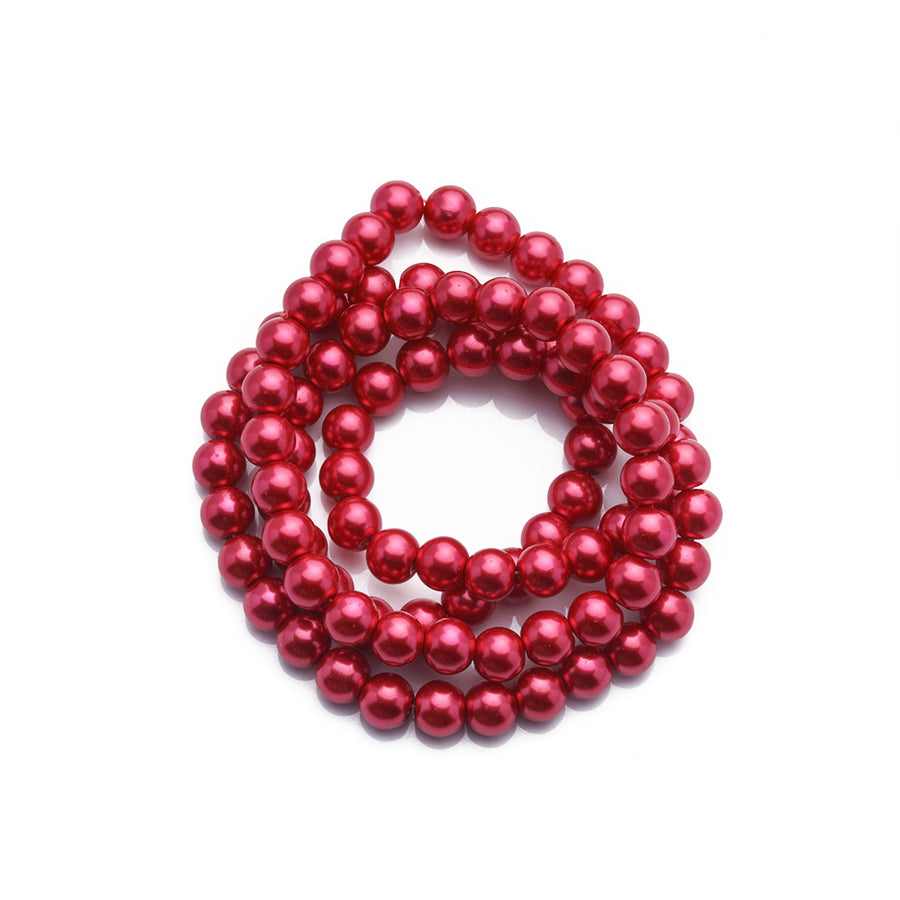 Glass Pearl Beads Strands, Round, Red Color Pearls. Metallic Red Beads for DIY Jewelry.  Size: 6mm in diameter, hole: 0.8mm, approx. 140pcs/strand, 32 inches/strand.  Material: The Beads are Made from Glass. Red Colored Beads. Polished, Shinny Finish.