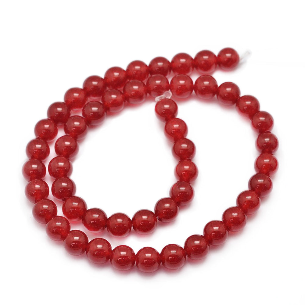 Red Jade Beads, Round, Medium Red Color. Semi-Precious Crystal Gemstone Beads for Jewelry Making. Great for Mala Bracelets.  Size: 8mm Diameter, Hole: 1mm; approx. 46pcs/strand, 14.5" inches long.  Material: The Beads are Malaysia Jade, Dyed Red. Red Agate Imitation Red Jade Beads. Loose Gemstone Beads. Red Color. Polished, Shinny Finish.