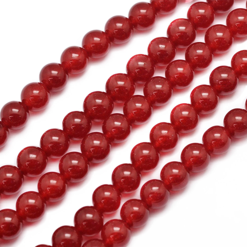 Red Jade Beads, Round, Medium Red Color. Semi-Precious Crystal Gemstone Beads for Jewelry Making. Great for Mala Bracelets.  Size: 8mm Diameter, Hole: 1mm; approx. 46pcs/strand, 14.5" inches long.  Material: The Beads are Malaysia Jade, Dyed Red. Red Agate Imitation Red Jade Beads. Loose Gemstone Beads. Red Color. Polished, Shinny Finish.
