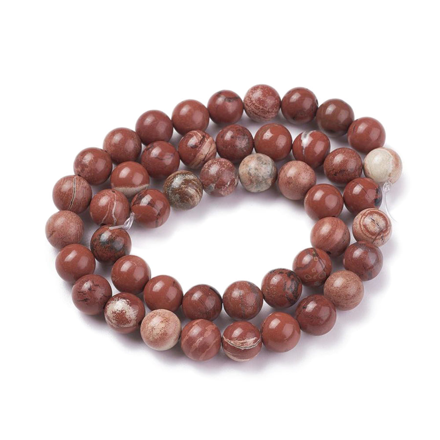 Red Jasper Beads, Round, Red Color. Semi-Precious Gemstone Beads for Jewelry Making. Affordable High Quality Beads, Great for Stretch Bracelets.  Size: 6mm Diameter, Hole: 1mm; approx. 60pcs/strand, 15" inches long.  Material: Genuine Red Jasper Stone. Reddish Brown Color. Polished, Shinny Finish