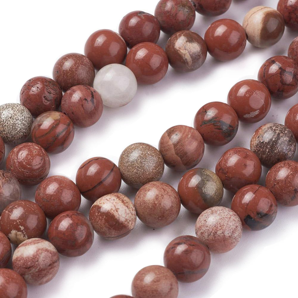 Red Jasper Beads, Round, Red Color. Semi-Precious Gemstone Beads for Jewelry Making. Affordable High Quality Beads, Great for Stretch Bracelets.  Size: 8mm Diameter, Hole: 1mm; approx. 46pcs/strand, 15" inches long.  Material: Premium Quality Genuine Red Jasper Stone. Reddish Brown Color. Polished, Shinny Finish.