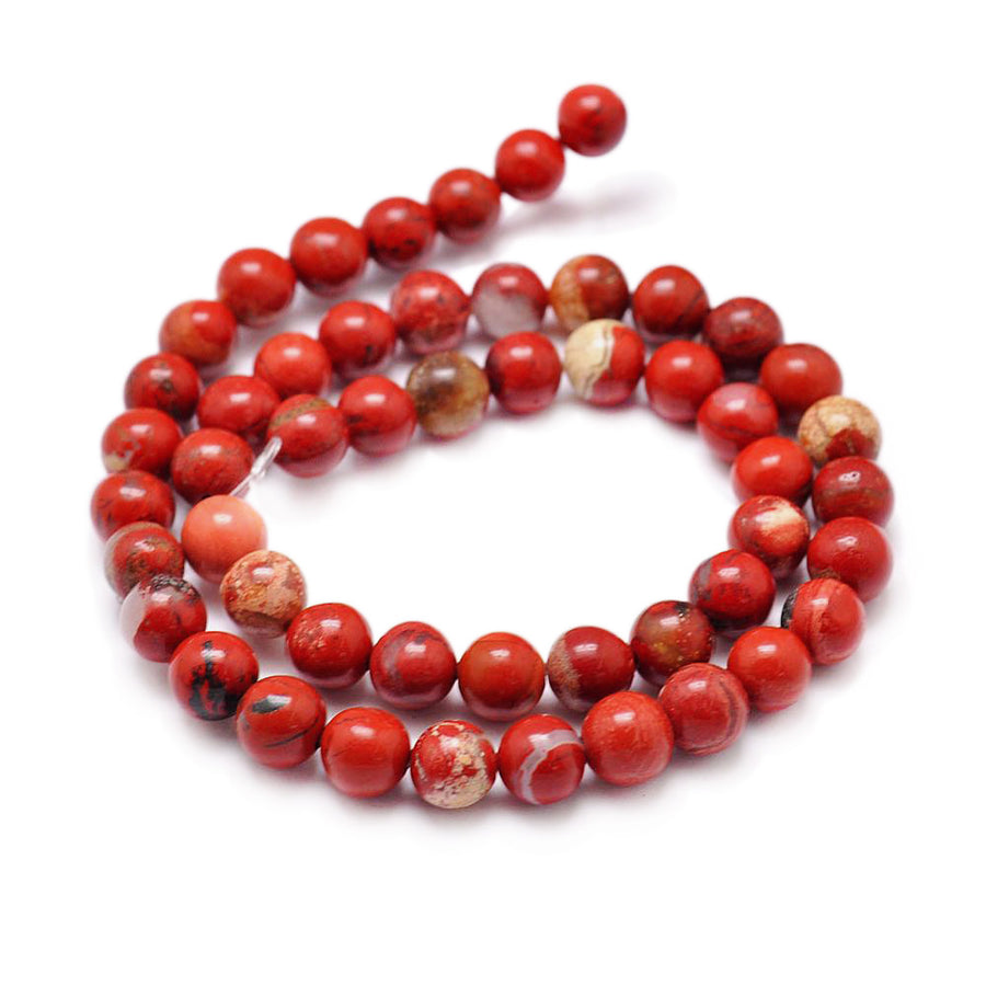 Premium Quality Red Jasper Beads, Round, Red Color. Semi-Precious Gemstone Beads for Jewelry Making. Affordable High Quality Beads, Great for Stretch Bracelets.  Size: 4mm Diameter, Hole: 1mm; approx. 91pcs/strand, 15" inches long.  Material: Premium Quality Genuine Red Jasper Stone. Reddish Brown Color. Polished, Shinny Finish.