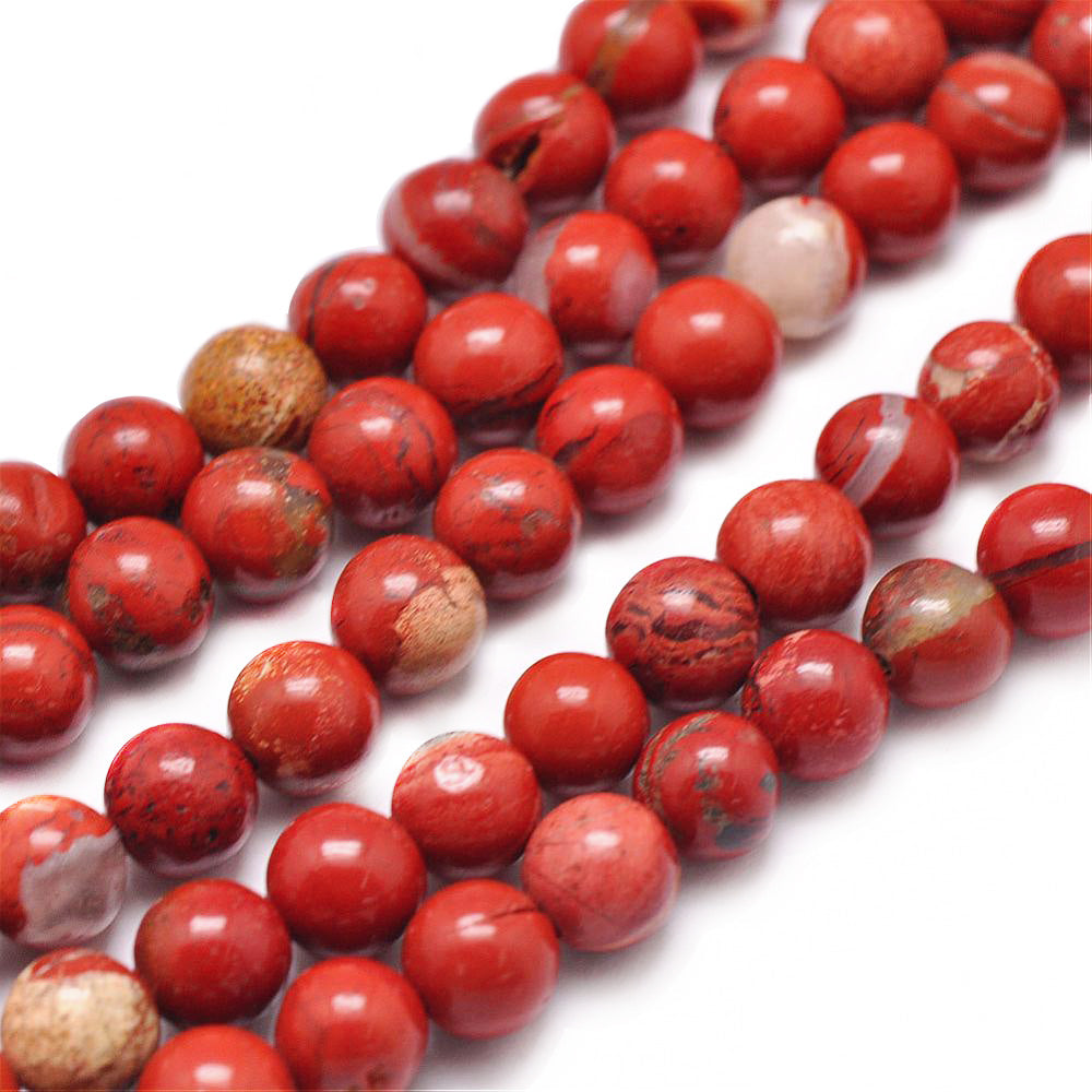 Premium Quality Red Jasper Beads, Round, Red Color. Semi-Precious Gemstone Beads for Jewelry Making. Affordable High Quality Beads, Great for Stretch Bracelets.  Size: 4mm Diameter, Hole: 1mm; approx. 91pcs/strand, 15" inches long.  Material: Premium Quality Genuine Red Jasper Stone. Reddish Brown Color. Polished, Shinny Finish.