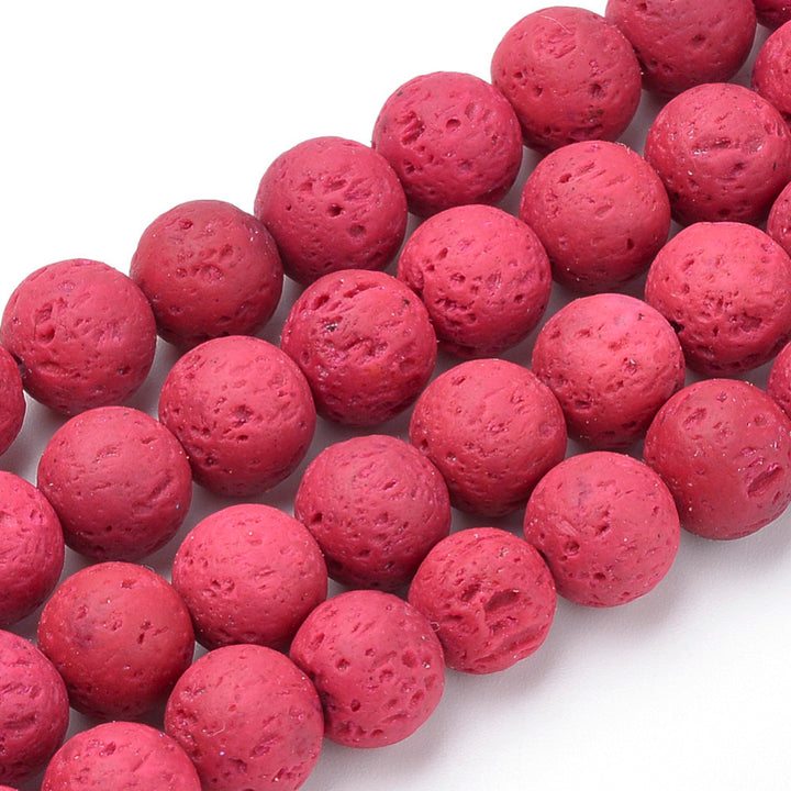 Red Lava Stone Beads, Round, Bumpy, Red Color. Semi-Precious Lava Stone Beads.  Size: 8-8.5mm Diameter, Hole: 1mm; approx. 46pcs/strand, 14.5" inches long.  Material:  Porous Lava Stone Beads, Dyed, Bumpy, Round Beads. Lava Stones are Fairly Lightweight; Making them Great for Jewelry. Affordable, High Quality Beads. bead lot