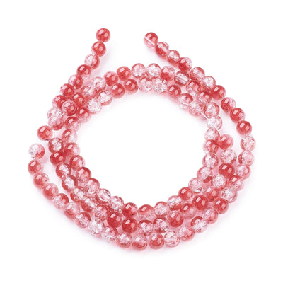 Popular Crackle Glass Beads, Round, Red/White Color. Glass Beads for DIY Jewelry Making. Affordable Crackle Beads.  Size: 8mm Diameter Hole: 1mm; approx. 100pcs/strand, 30" Inches Long.  Material: The Beads are Made from Glass. Crackle Glass Beads. Crackle Red Clear White Colored Beads. Polished, Shinny Finish.