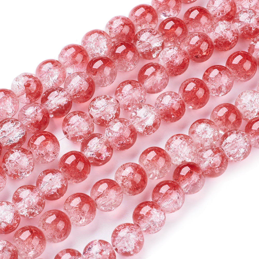 Popular Crackle Glass Beads, Round, Red/White Color. Glass Beads for DIY Jewelry Making. Affordable Crackle Beads.  Size: 8mm Diameter Hole: 1mm; approx. 100pcs/strand, 30" Inches Long.  Material: The Beads are Made from Glass. Crackle Glass Beads. Crackle Red Clear White Colored Beads. Polished, Shinny Finish.