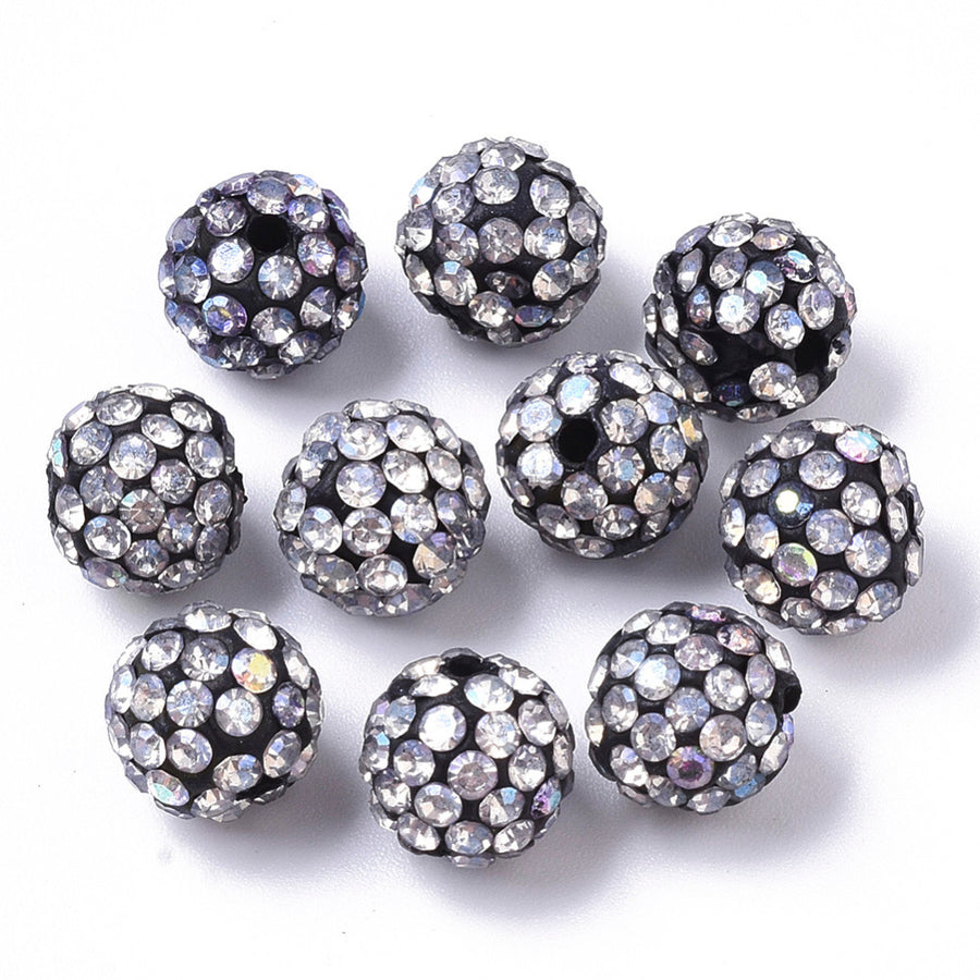 Pave Rhinestone Studded Spacer Beads, Black Color Beads with Clear White Color Rhinestones. Spacers for DIY Jewelry Making. Lovely Focal Beads.  Size: 9-10mm Diameter, Hole: 1.5mm, Quantity: 10pcs/package.  Material: Rhinestone Studded Polymer Clay Pave Crystal Ball Beads. 6 Rows of Rhinestones. Black Base with Clear White Colored Rhinestones. Shinny Sparkling Crystal Disco Balls. 