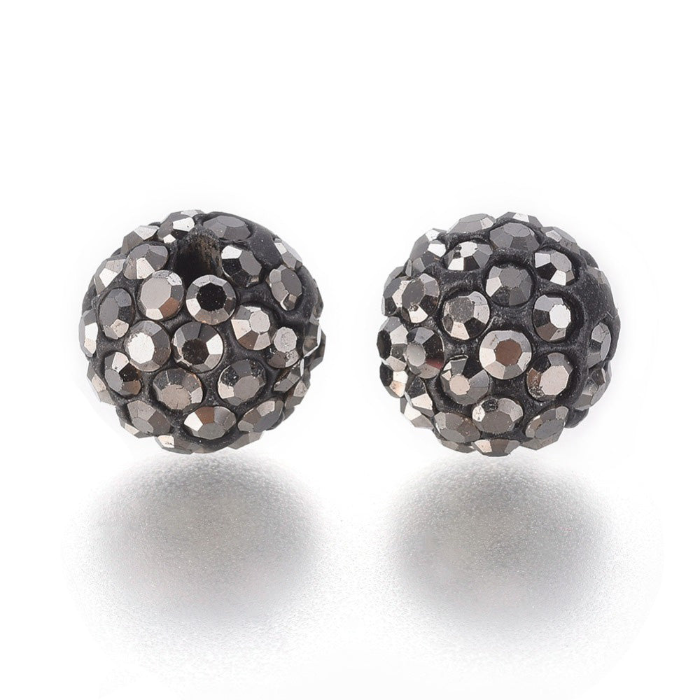 Pave Rhinestone Studded Spacer Beads, Black Color Beads with Hematite Color Rhinestones. Spacers for DIY Jewelry Making. Lovely Focal Beads.  Size: 9.5-10mm Diameter, Hole: 1.5mm, Quantity: 10pcs/package.  Material: Rhinestone Studded Polymer Clay Pave Crystal Ball Beads. 6 Rows of Rhinestones. Black Base with Hematite Colored Rhinestones. Shinny Sparkling Crystal Disco Balls. 