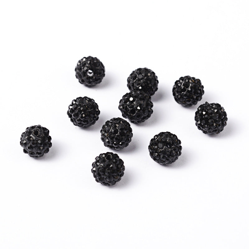 Pave Rhinestone Studded Spacer Beads, Jet Black Color Beads with Black Color Rhinestones. Spacers for DIY Jewelry Making. Lovely Focal Beads.  Size: 9.5-10mm Diameter, Hole: 1.5mm, Quantity: 10pcs/package.  Material: Grade "AB" Rhinestone Studded Polymer Clay Pave Crystal Ball Beads. 6 Rows of Rhinestones. Black Base with Jet Black Colored Rhinestones. Shinny Sparkling Crystal Disco Balls. 