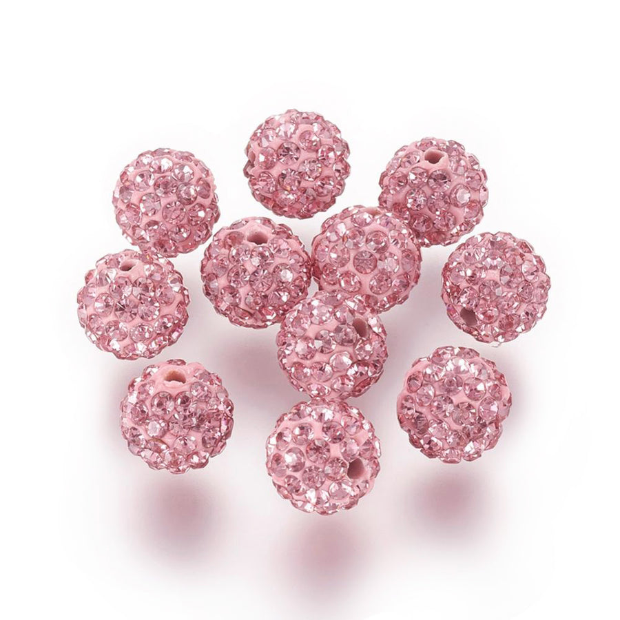 Pave Rhinestone Studded Spacer Beads, Light Rose Pink Color Beads with Pink Color Rhinestones. Spacers for DIY Jewelry Making. Lovely Focal Beads.  Size: 9.5-10mm Diameter, Hole: 1.5mm, Quantity: 10pcs/package.  Material: Premium Grade "A" Rhinestone Studded Polymer Clay Pave Crystal Ball Beads. 6 Rows of Rhinestones. Pink Base with Light Rose Pink Colored Rhinestones. Shinny Sparkling Crystal Disco Balls. 
