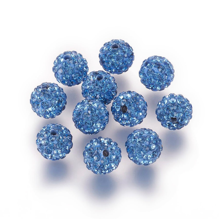 Pave Rhinestone Studded Spacer Beads, Light Sapphire Blue Color Beads with Blue Color Rhinestones. Spacers for DIY Jewelry Making. Lovely Focal Beads.  Size: 9.5-10mm Diameter, Hole: 1.5mm, Quantity: 10pcs/package.  Material: Premium Grade "A" Rhinestone Studded Polymer Clay Pave Crystal Ball Beads. 6 Rows of Rhinestones. Blue Base with Light Sapphire Blue Colored Rhinestones. Shinny Sparkling Crystal Disco Balls. 