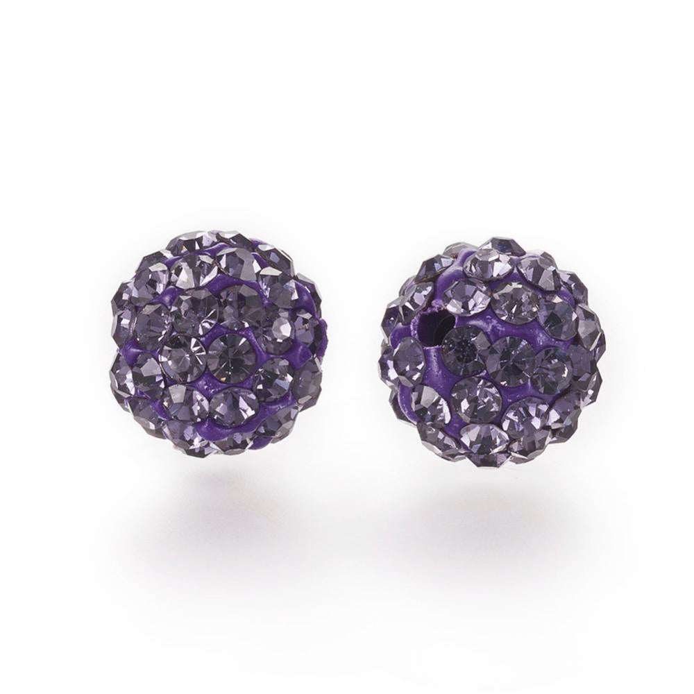 Pave Rhinestone Studded Spacer Beads, Purple Velvet Color Beads with Purple Color Rhinestones. Spacers for DIY Jewelry Making. Lovely Focal Beads.  Size: 9.5-10mm Diameter, Hole: 1.5mm, Quantity: 10pcs/package.  Material: Premium Grade "A" Rhinestone Studded Polymer Clay Pave Crystal Ball Beads. 6 Rows of Rhinestones. Purple Clay  Base with Purple Colored Rhinestones. Shinny Sparkling Crystal Disco Balls. 