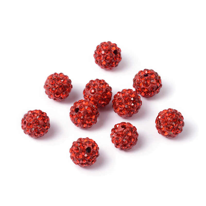 Pave Rhinestone Studded Spacer Beads, Red Color Beads with Red Color Rhinestones. Spacers for DIY Jewelry Making. Lovely Focal Beads.  Size: 9-10mm Diameter, Hole: 1.5mm, Quantity: 10pcs/package.  Material: Rhinestone Studded Polymer Clay Pave Crystal Ball Beads. 6 Rows of Rhinestones. Red Base with Red Colored Rhinestones. Shinny Sparkling Crystal Disco Balls. 