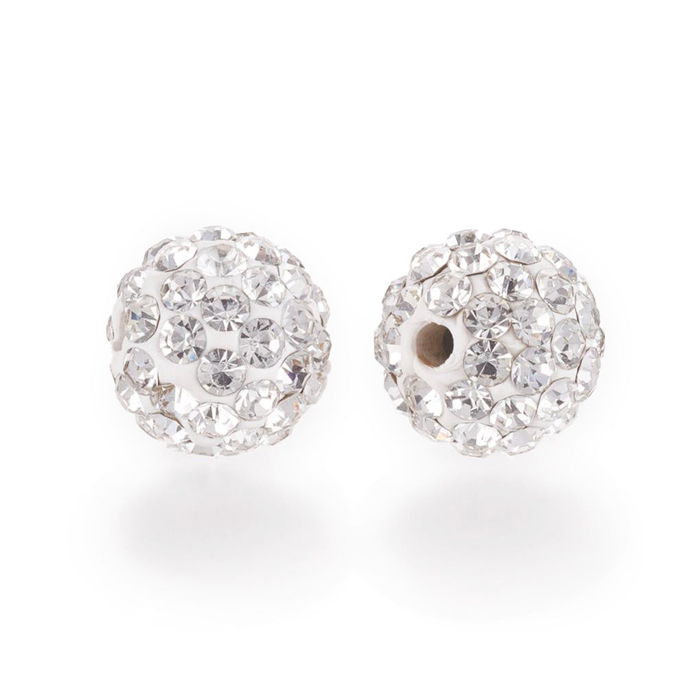 Pave Rhinestone Studded Spacer Beads, White Color Beads with Clear Crystal Color Rhinestones. Spacers for DIY Jewelry Making. Lovely Focal Beads.  Size: 9.5-10mm Diameter, Hole: 1.5mm, Quantity: 10pcs/package.  Material: Premium Grade "A" Rhinestone Studded Polymer Clay Pave Crystal Ball Beads. 6 Rows of Rhinestones. White Base with Clear Crystal Rhinestones. Shinny Sparkling Crystal Disco Balls. 