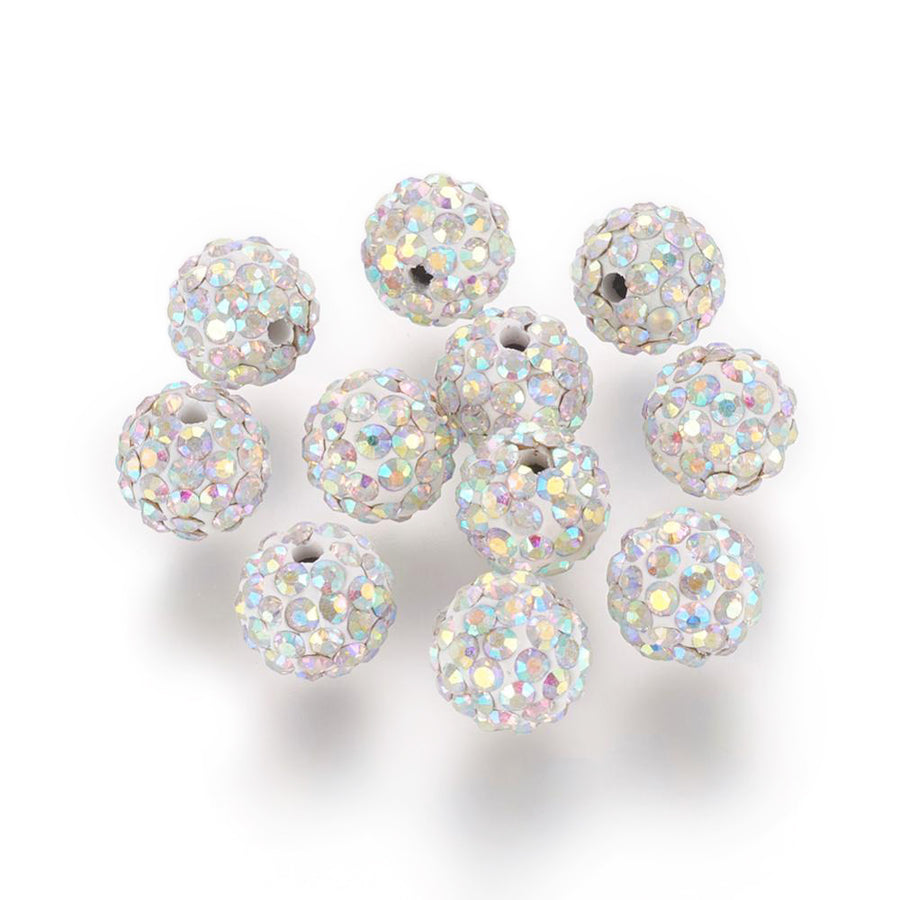 Pave Rhinestone Studded Spacer Beads, White Color Beads with Rainbow Color Rhinestones. Spacers for DIY Jewelry Making. Lovely Focal Beads.  Size: 7.5-8mm Diameter, Hole: 1mm, Quantity: 10pcs/package.  Material: Grade "A" Rhinestone Studded Polymer Clay Pave Crystal Ball Beads. White Base with Rainbow Colored Rhinestones. Shinny Sparkling Crystal Disco Balls. 