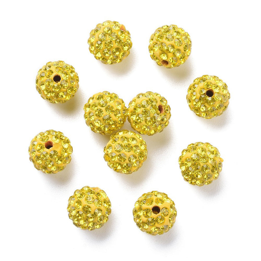 Pave Rhinestone Studded Spacer Beads, Citrine Yellow Color Beads with Yellow Color Rhinestones. Spacers for DIY Jewelry Making. Lovely Focal Beads.  Size: 9-10mm Diameter, Hole: 1.5mm, Quantity: 10pcs/package.  Material: Rhinestone Studded Polymer Clay Pave Crystal Ball Beads. 6 Rows of Rhinestones. Yellow Clay Base with Yellow Colored Rhinestones. Shinny Sparkling Crystal Disco Balls. 