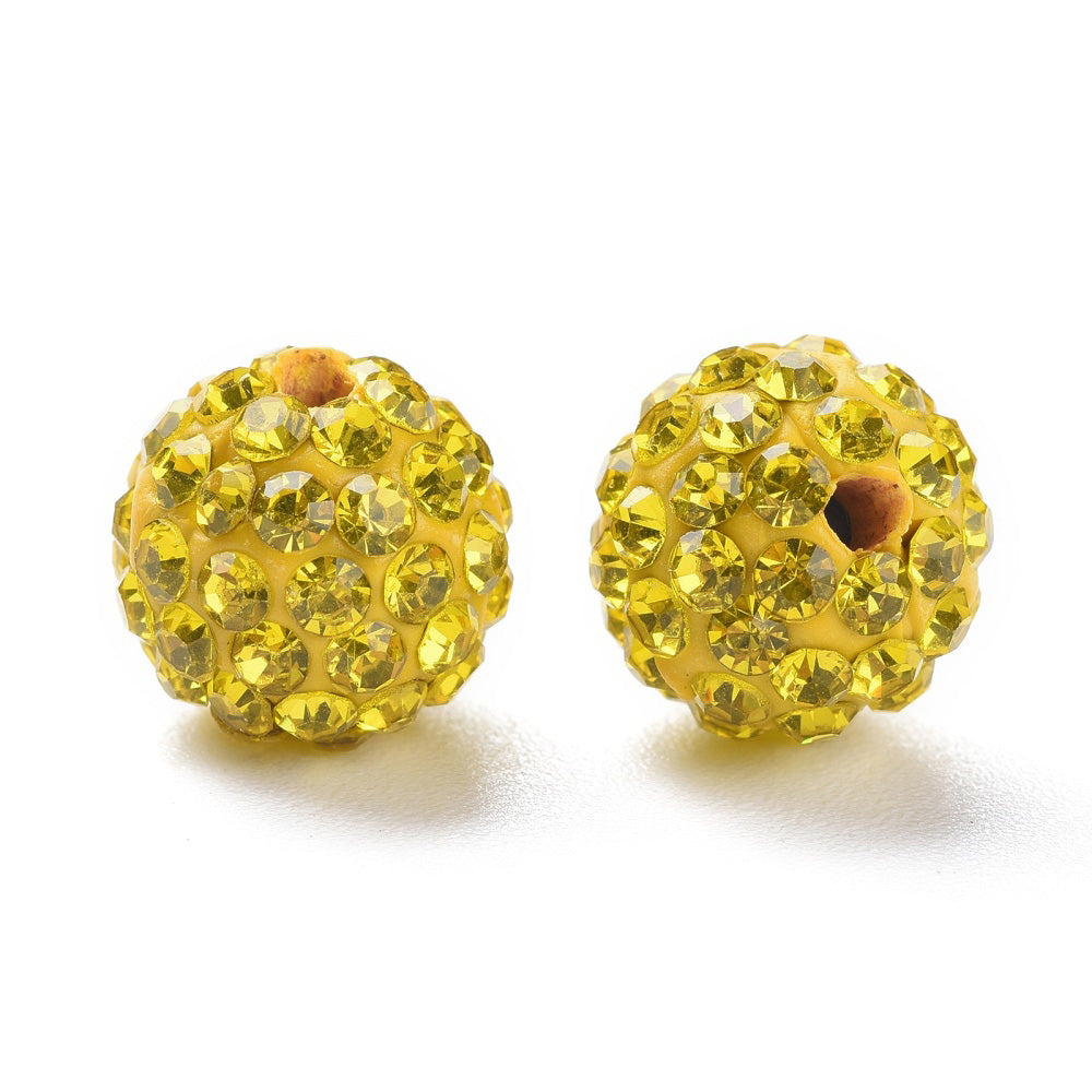 Pave Rhinestone Studded Spacer Beads, Citrine Yellow Color Beads with Yellow Color Rhinestones. Spacers for DIY Jewelry Making. Lovely Focal Beads.  Size: 9-10mm Diameter, Hole: 1.5mm, Quantity: 10pcs/package.  Material: Rhinestone Studded Polymer Clay Pave Crystal Ball Beads. 6 Rows of Rhinestones. Yellow Clay Base with Yellow Colored Rhinestones. Shinny Sparkling Crystal Disco Balls. 