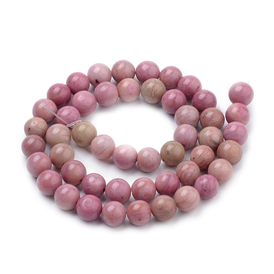 Premium Grade Rhodonite Beads, Round, Pink Color. Semi-Precious Gemstone Beads for DIY Jewelry Making. Gorgeous, High Quality Crystal Beads, Great for Mala Bracelets.  Size: 8mm Diameter, Hole: 1mm; approx. 46pcs/strand, 15" Inches Long.  Material: Genuine Rhodonite Beads, High Quality Natural Stone Beads. Pink Color.